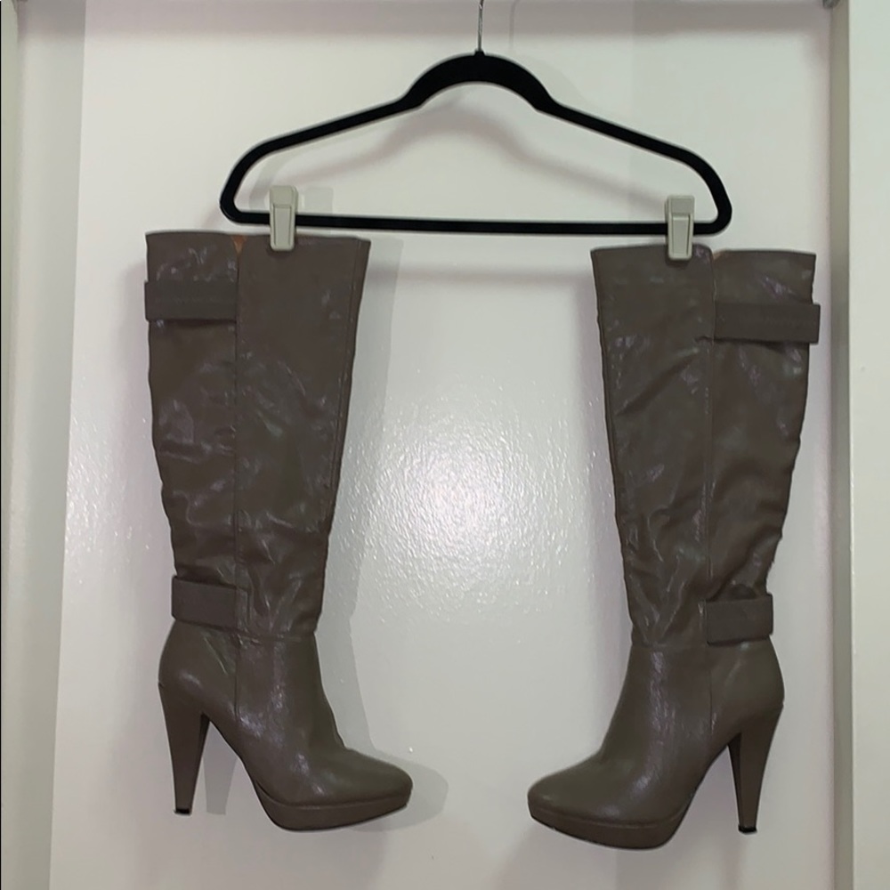 Tan high platform boots with 4in heel